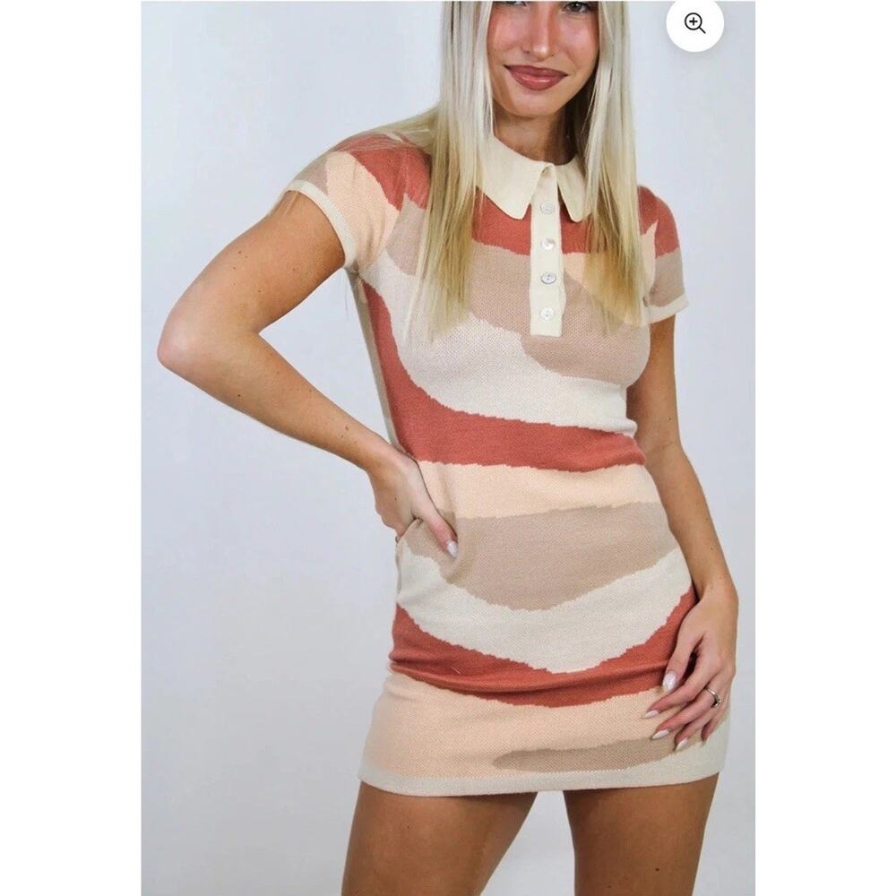 NWT Baevely Sweater Dress Womens Sz Large Pink Geometric Knit 60s Prep Mod MINI